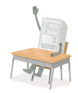 Illustration of an RPA computer sitting at a desk raising its hand