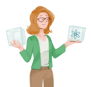 a woman holds up boxes representing machine learning