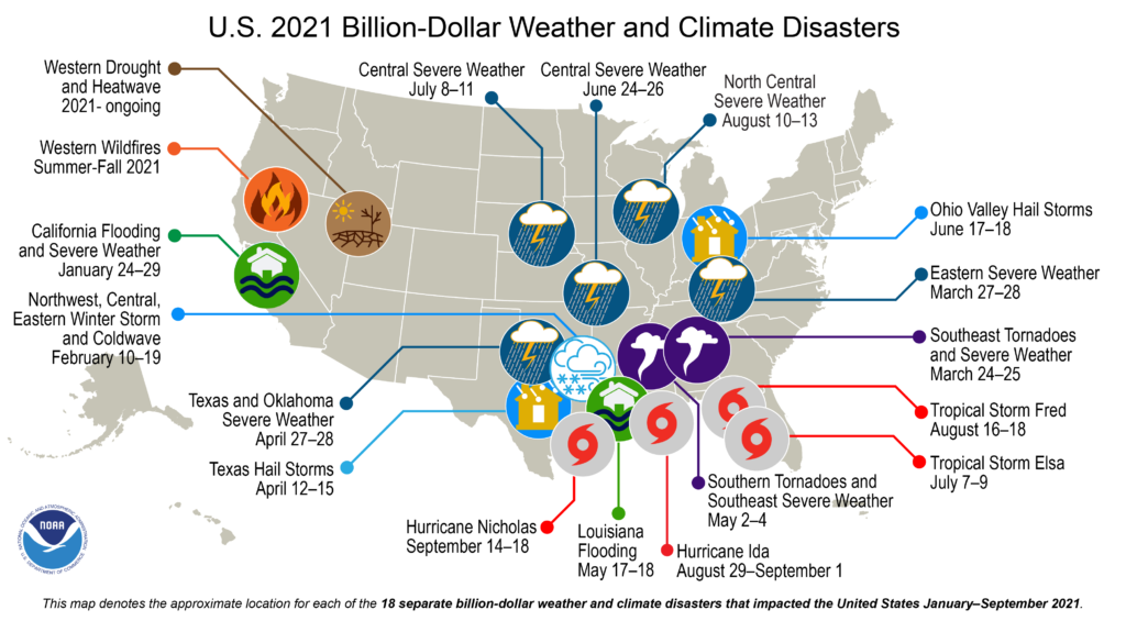 map of the US showing large scale climate disasters of 2021