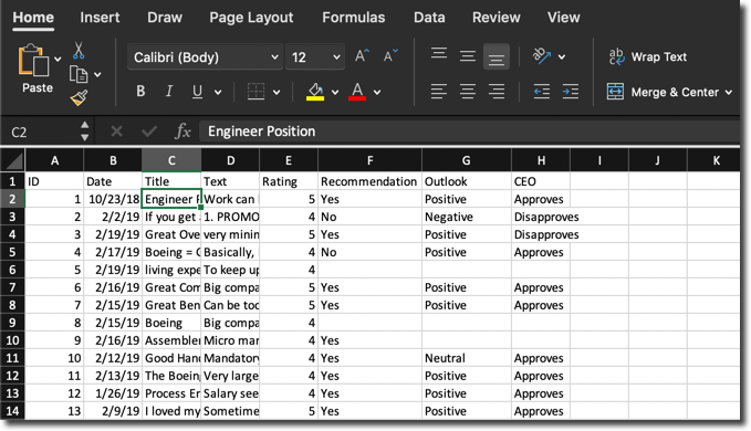 Boeing voice of employee data set in Excel