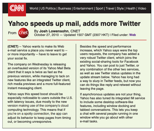 Article sample titled "Yahoo speeds up mail, adds more Twitter"