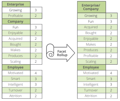 Shows how multiple facets can be combined such as Enterprise: Growing (3), Profitable (2)
Company: Fun (3), Enjoyable (2), Acquired (2), Bought (2), Makes (2), Produces (2), Scaling (2)
Employee: Motivated (4), Smart (3), Intelligent (3), Turnover (2), Attrition (2), can be rolled up into two comprehensive facets Enterprise/Company and Employee