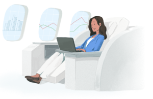 A cartoon woman on an airplane, representing a happy Boeing end user 