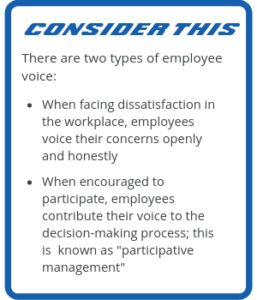 Consider this: There are two types of employee voice - When facing dissatisfaction in the workplace, employees voice their concerns openly and honestly. - When encouraged to participate, employees contribute their voice to the decision-making process; this is knows as "participative management"