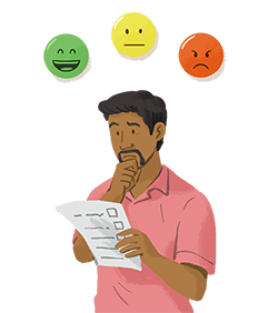 Man looking puzzled while looking at a paper. He has happy, neutral and mad sentiment emoji's floating above him.