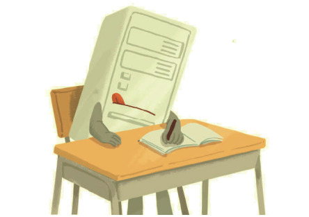 Cartoon image of a computer in the guise of a student working at a desk.