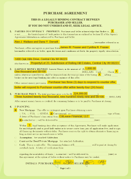 Image of real estate purchase agreement with various sections of text highlighted in yellow. 