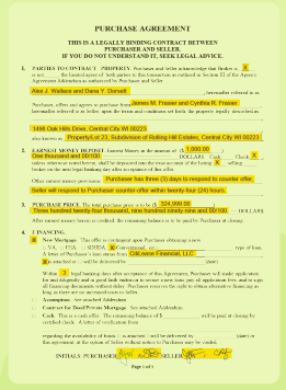 Image of real estate purchase agreement with various sections of text highlighted in yellow.